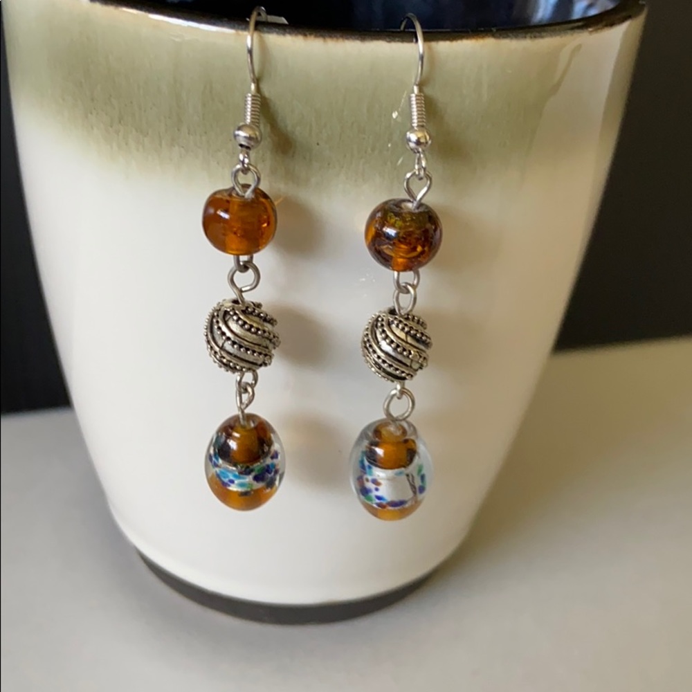 Handmade earrings - silver tone/amber colored